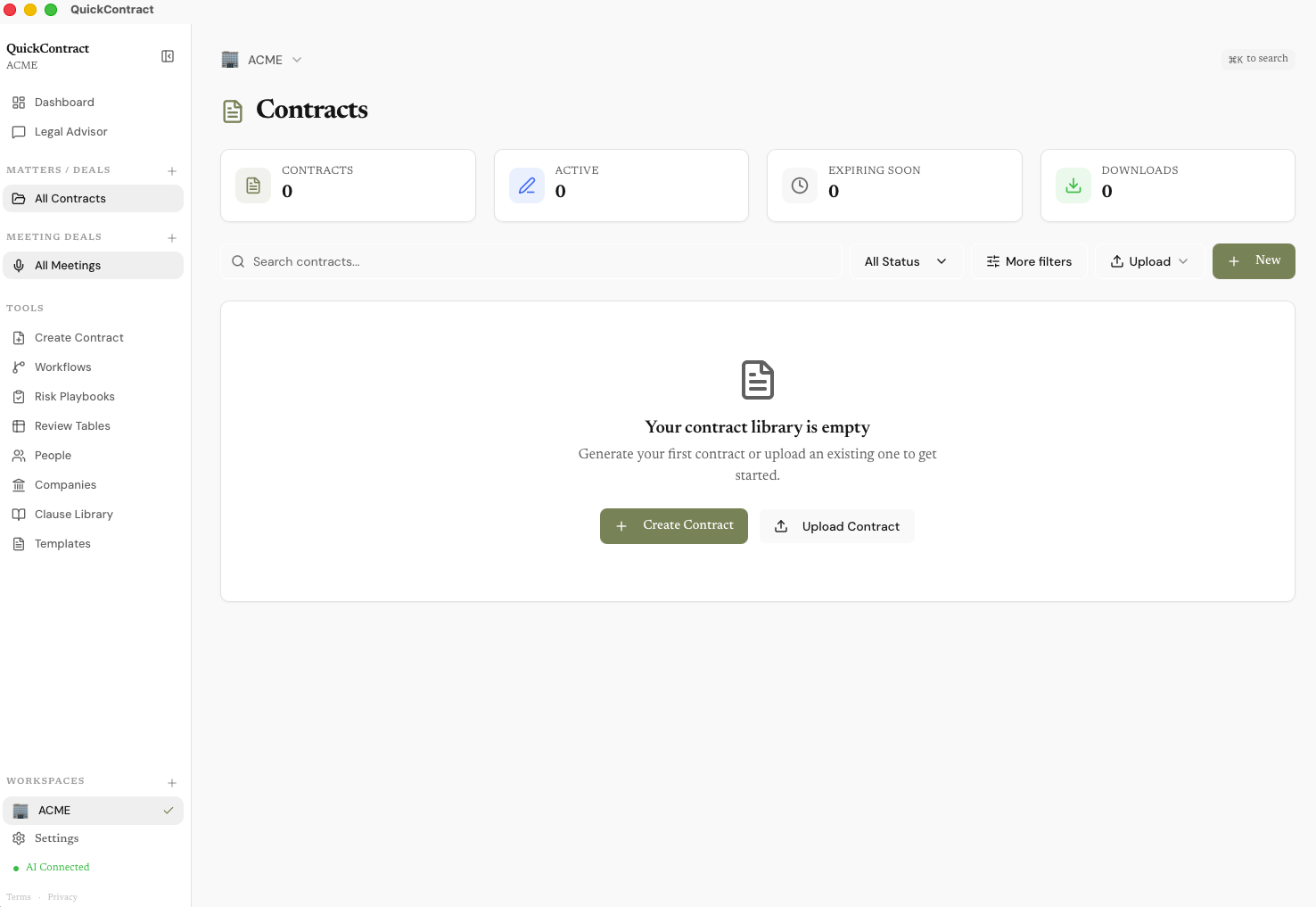 Contracts workspace with metric cards, search, filters, and contract library