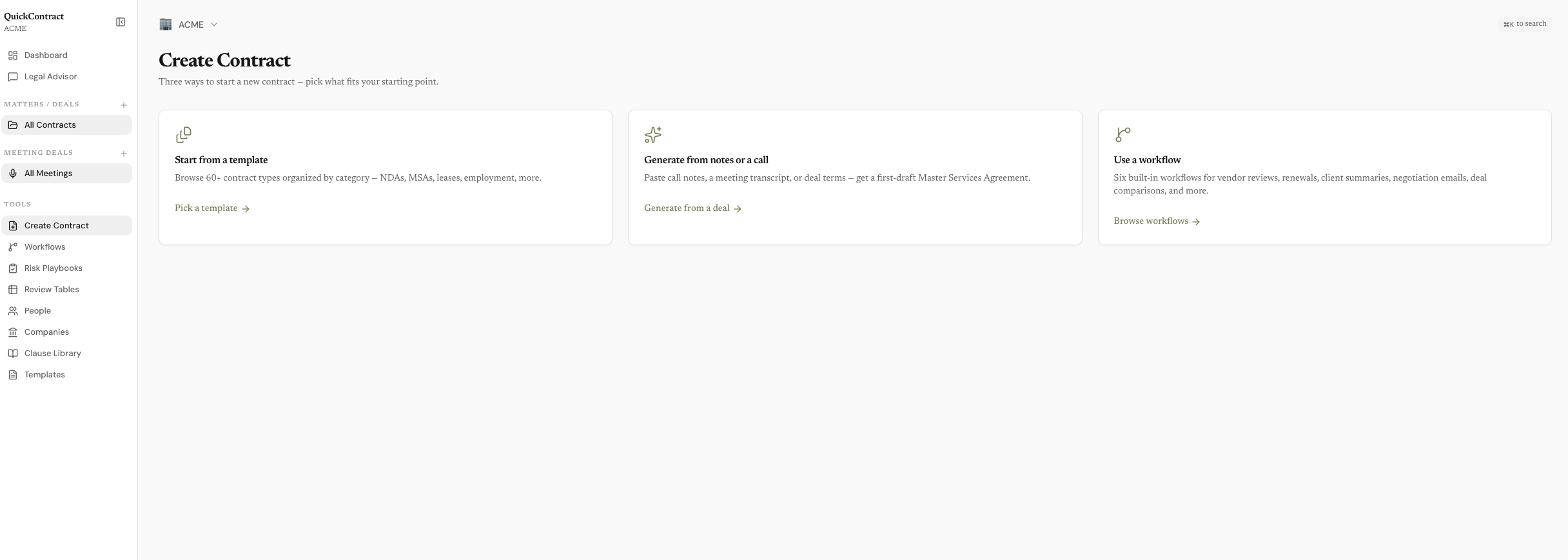 QuickContract Create Contract screen — start from a template, generate a draft from notes or a call, or run a workflow, with the full sidebar of tools on the left.