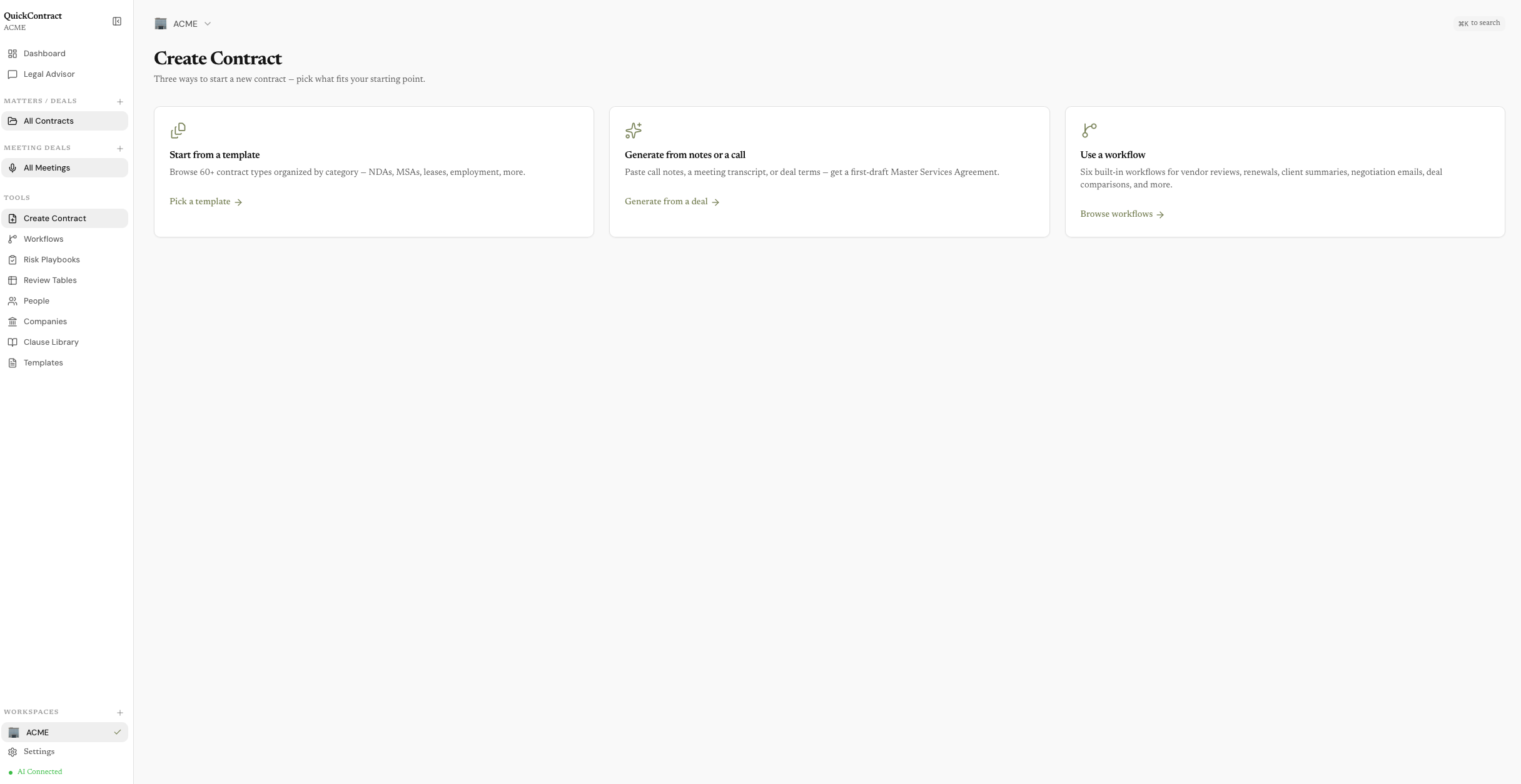 Create Contract screen — start from a template, generate from notes or a call, or use a workflow