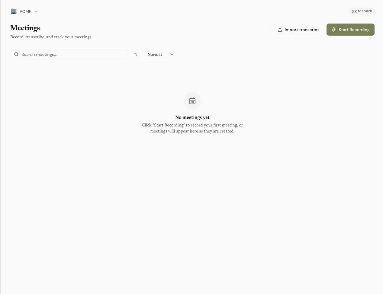 Meetings screen — record, transcribe, and track your meetings