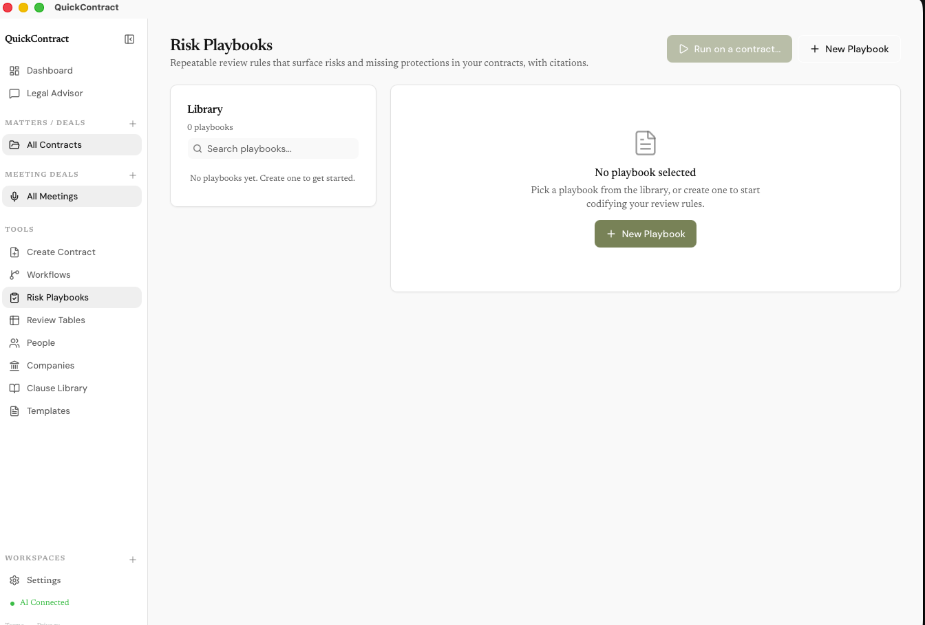 Risk Playbooks screen — a library of repeatable review rules that surface risks with citations