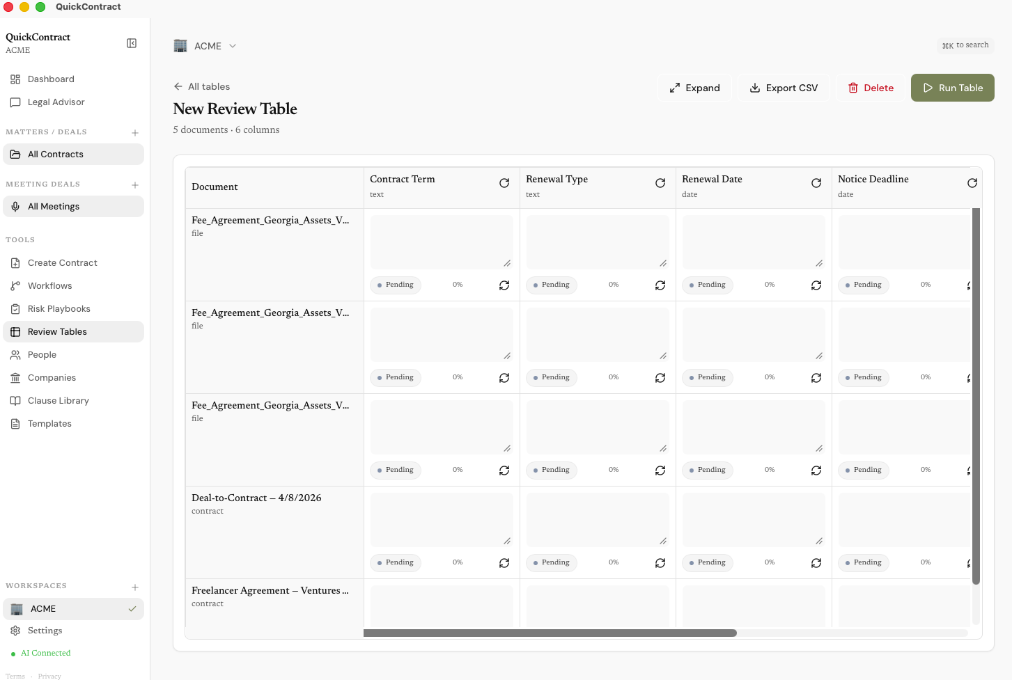 Review Table extracting Contract Term, Renewal Type, Renewal Date, and Notice Deadline across multiple documents