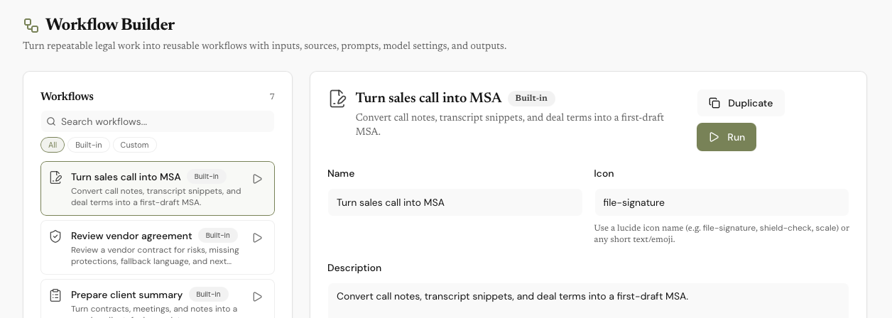 QuickContract Workflow Builder with the built-in ‘Turn sales call into MSA’ workflow open — inputs, sources, model override, jurisdiction notes, and output rules all configured.