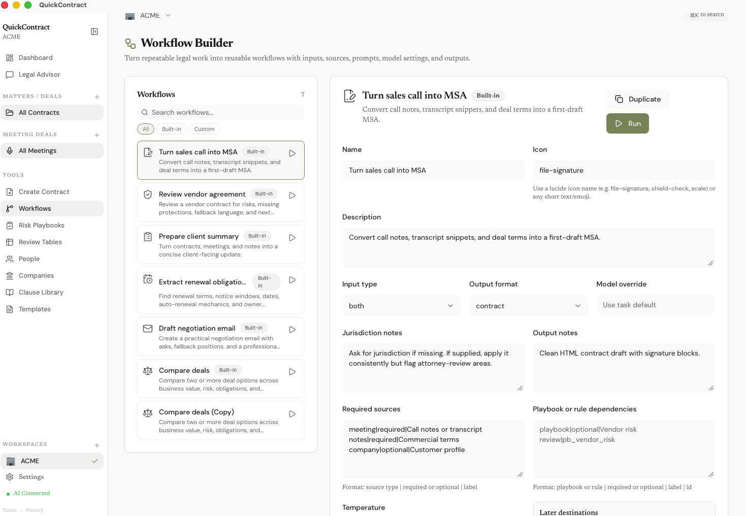 Workflow Builder with the "Turn sales call into MSA" workflow open for editing